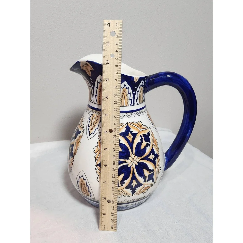 I. Godinger & Co. Ceramic Pitcher Blue Yellow Mediterranean Floral Vase 9.5in